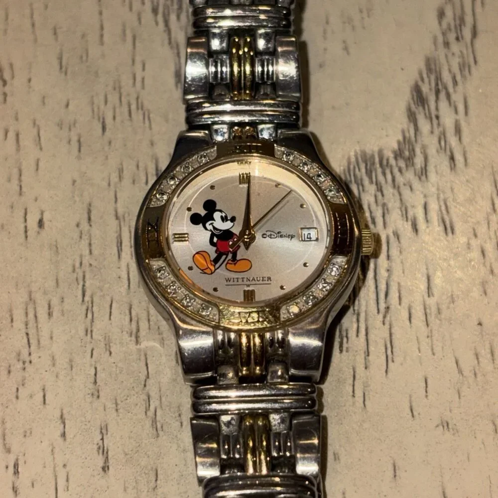 RARE Wittnauer 16 Diamond bezel Mickey Mouse two tone all stainless date watch